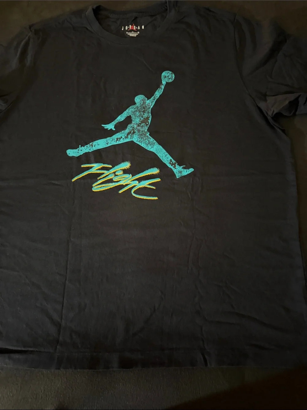Jordan Black Tee with Teal Jumpman and Yellow 'Flight' Script